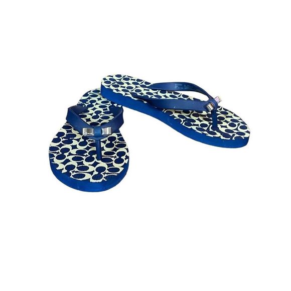 Coach Shoes - Coach Amel Blue and Tan Rubber Signature C Flip Flop Sandals Silver Bow Size 5-6